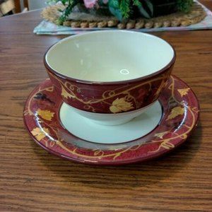 Nantucket Home 2 pc Ceramic 8" Salad Plate 5.5" Bowl Dish Leaves & Grapes Maroon